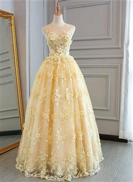 Picture of High Quality Lace Yellow Long Party Gown, A-line Evening Dresses